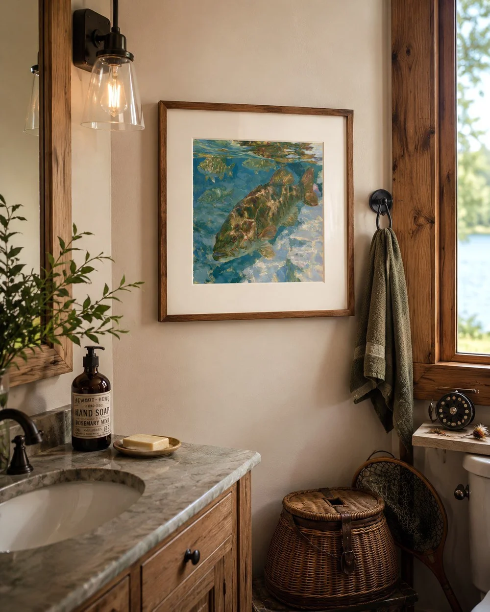 Smallmouth Bass in Clear Water archival paper giclée shown framed above a sink in a lake bathroom