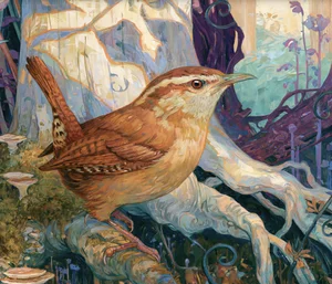 Carolina wren face in Carolina Wren in the Beech Roots