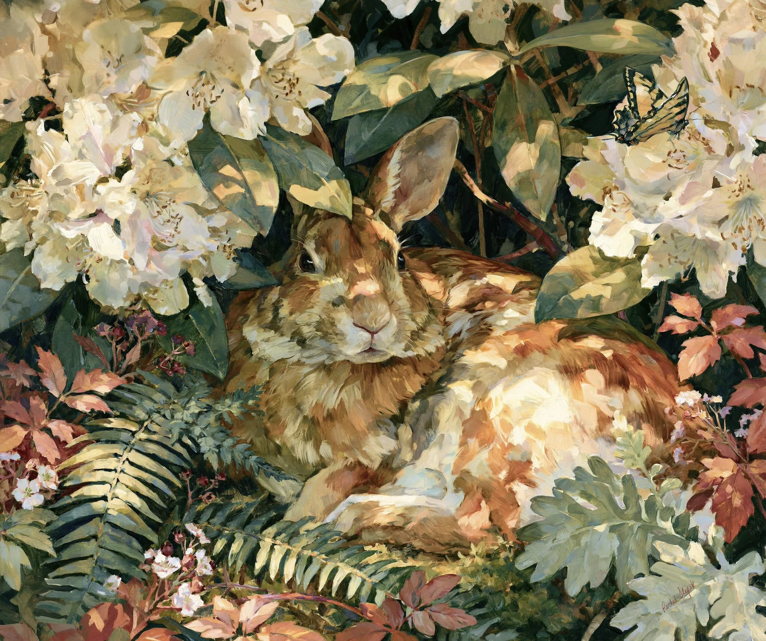 Rabbit in the Rhododendron artwork with a rabbit among blossoms, ferns, moss, and woodland foliage