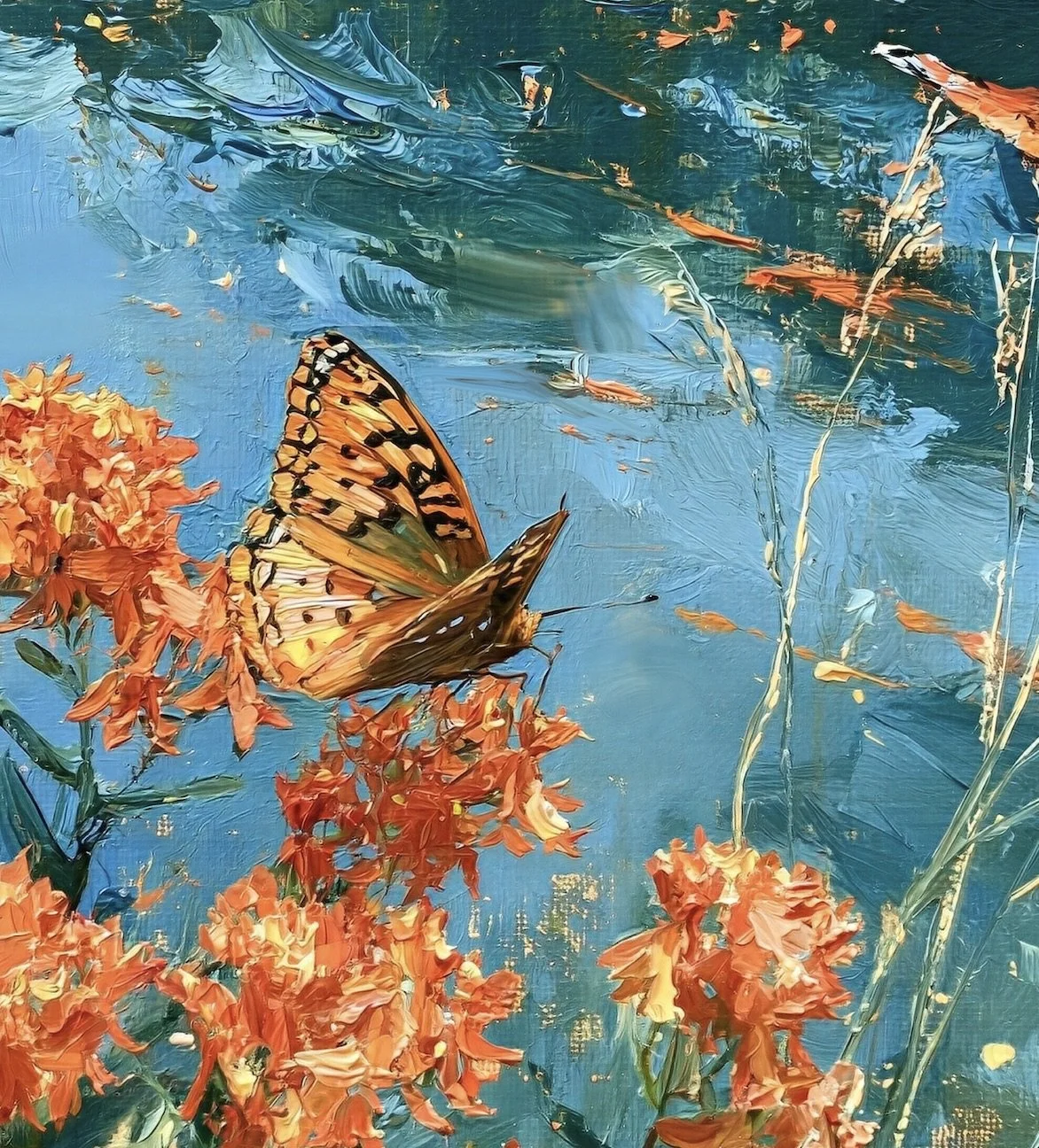 Detail of fritillary butterfly and orange Butterfly Milkweed flowers