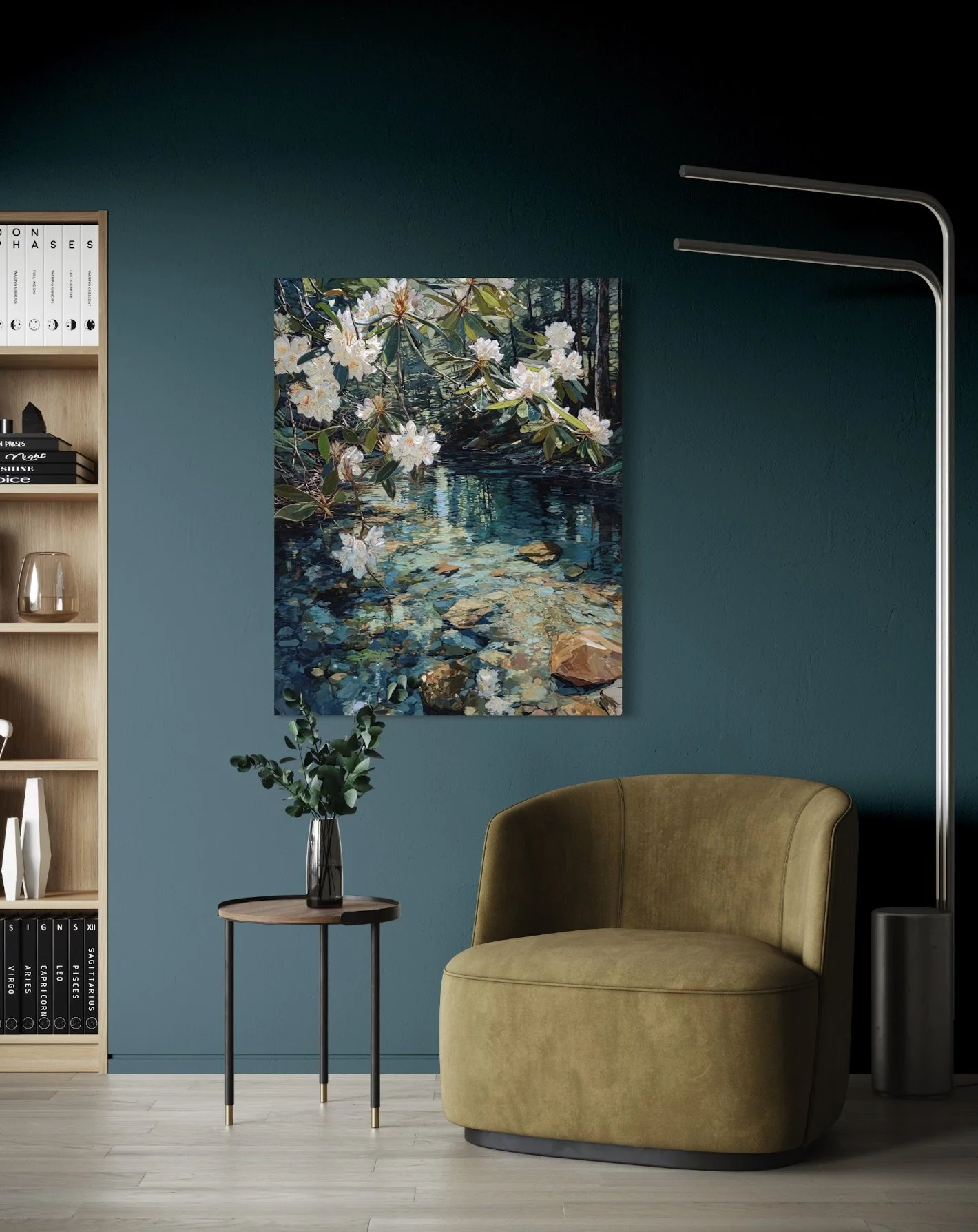 Great Laurel Over Clear Creek canvas print mockup in teal lounge room