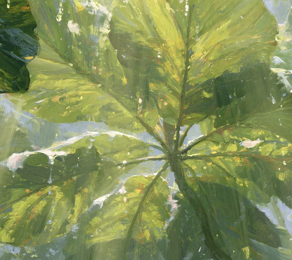 Artwork detail showing umbrella magnolia leaves in layered yellow-green woodland light from Beneath Ancient Leaves