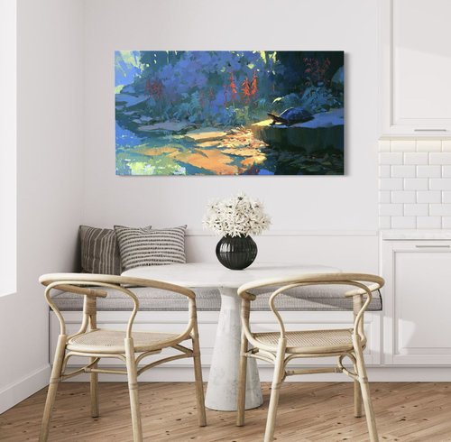 Cardinal Flowers and Turtle in Shade gallery-wrapped Canvas above a table and banquette in a bright lake-house breakfast nook