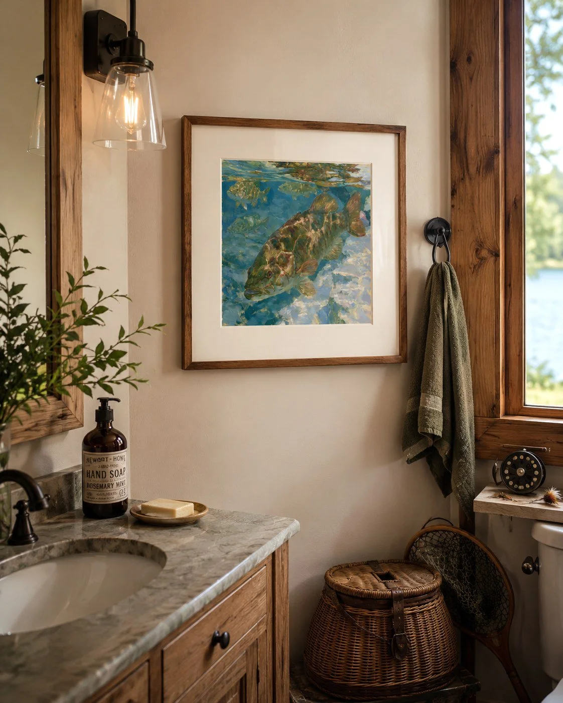 Smallmouth Bass in Clear Water fine art paper print mockup shown framed in a lake bathroom