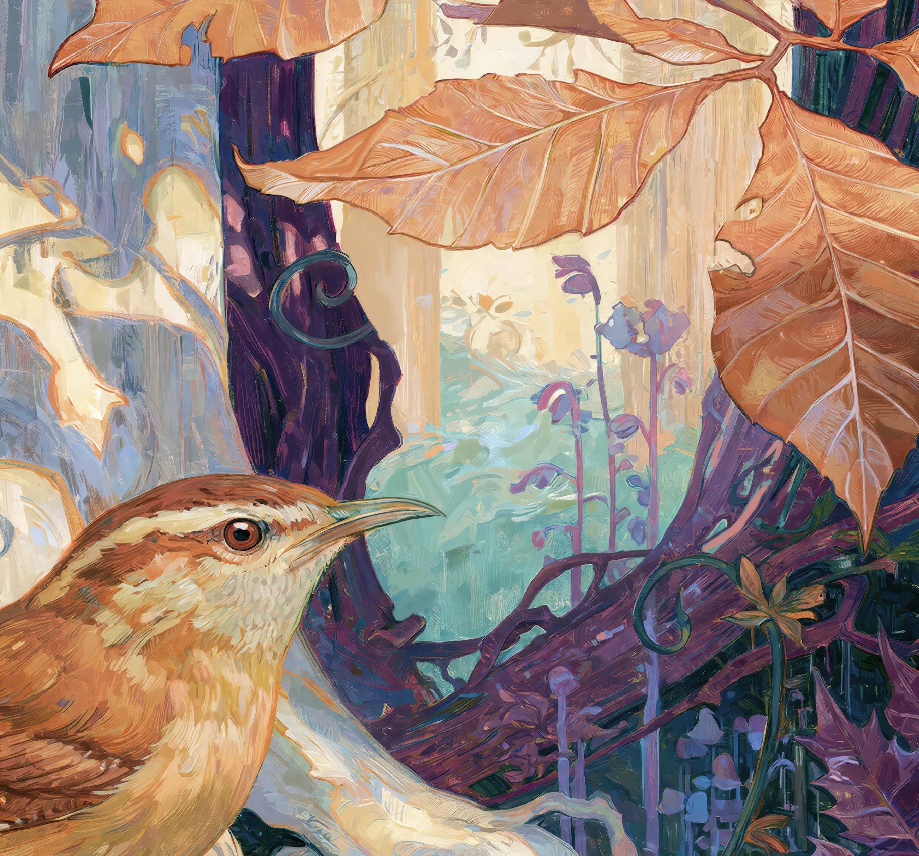 Detail crop from Carolina Wren in the Beech Roots showing the wren's head beneath copper beech leaves with pale roots and woodland vines