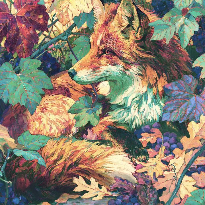 Red fox among muscadine leaves, grapes, and colorful woodland foliage in Red Fox in the Muscadine Vines