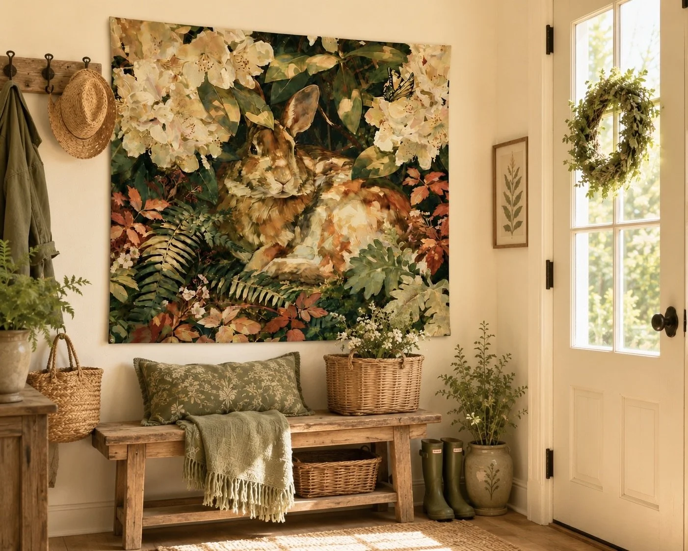 Rabbit in the Rhododendron artwork shown as a Lakehouse Goods tapestry in an entryway