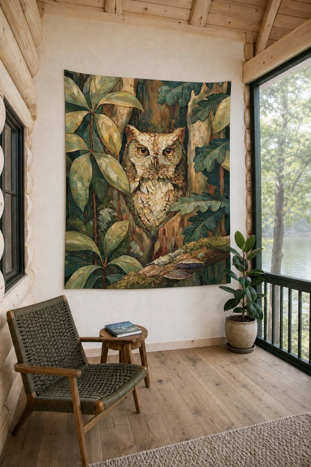 Eastern Screech Owl wall tapestry in a warm screened porch with the lake visible through the windows