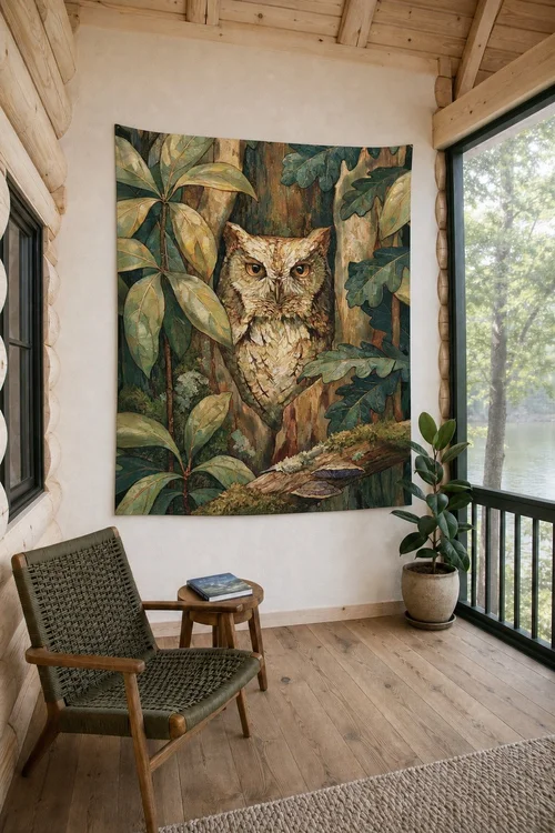 Eastern Screech Owl 80 by 68 inch wall tapestry in a warm screened porch with the lake outside