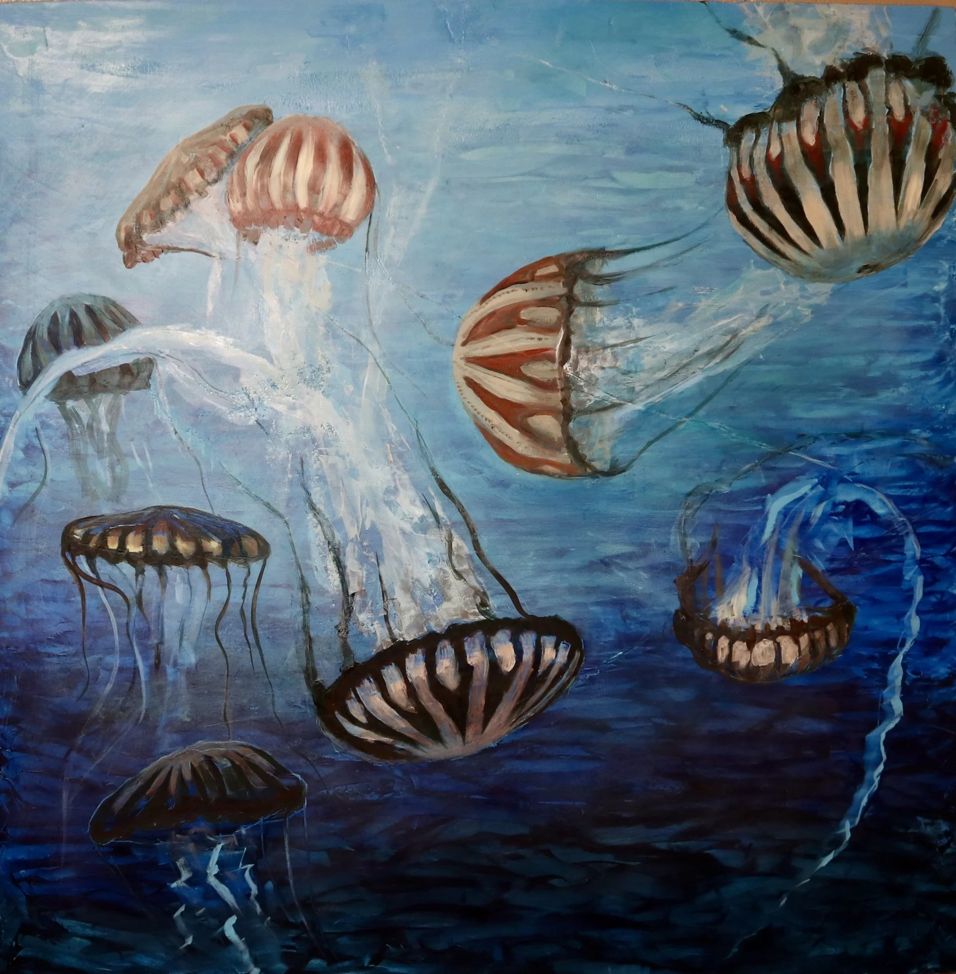 Large square blue jellyfish painting by Rachel Stepek from 2021.