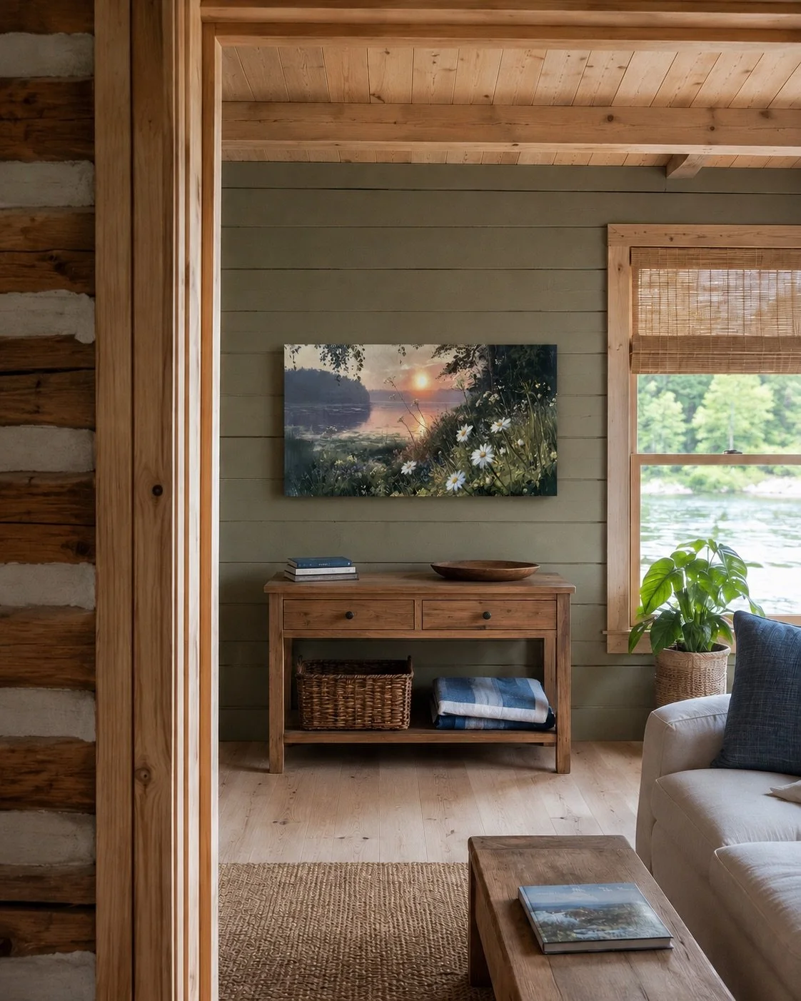 Lake rental living room viewed through a doorway, with High Top Evening Daisies above a console beside the lake-facing window