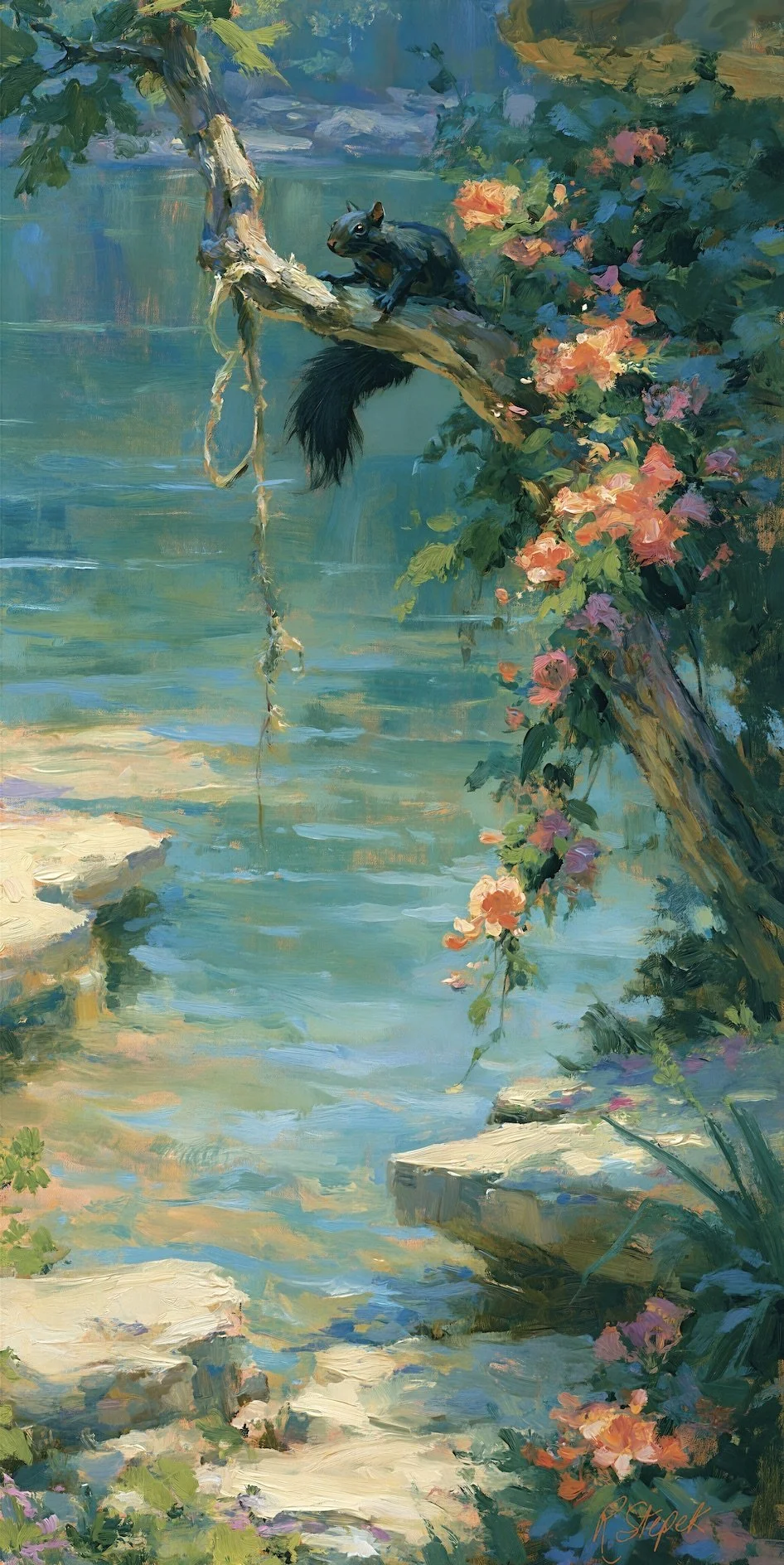 Cumberland Azalea and Black Squirrel Among Rare Things, a vertical Appalachian canvas artwork with a black squirrel, coral-orange flowers, green water, and turquoise reflections