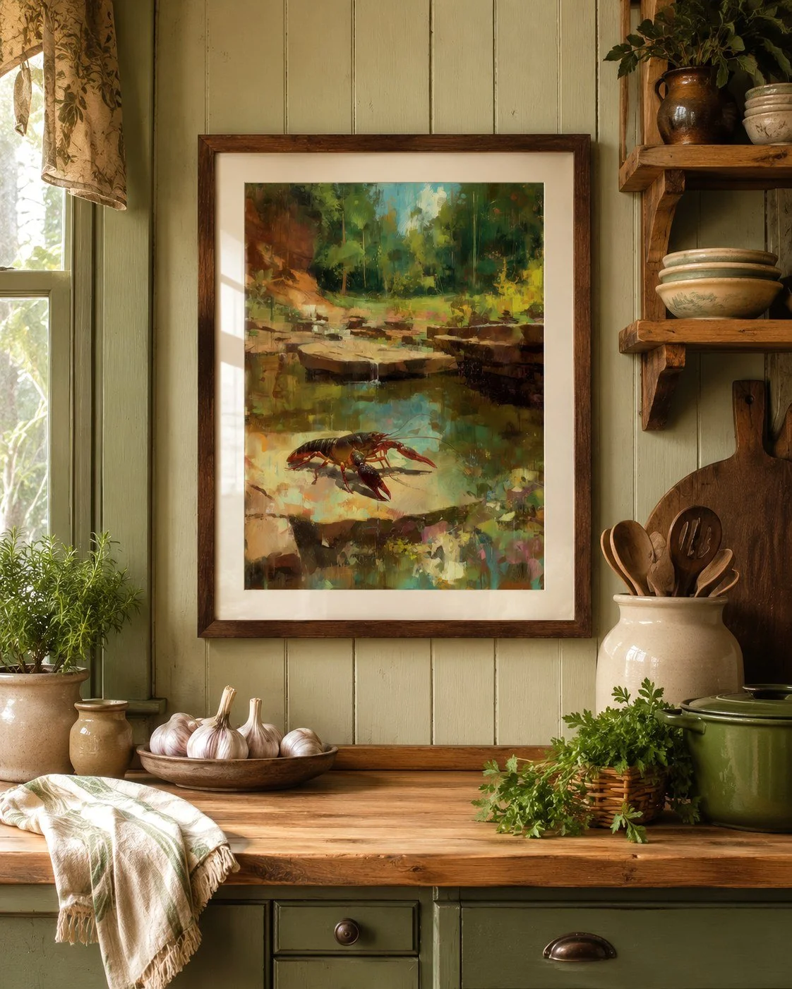 Crawfish at the Water's Edge giclee print shown framed in a rustic kitchen