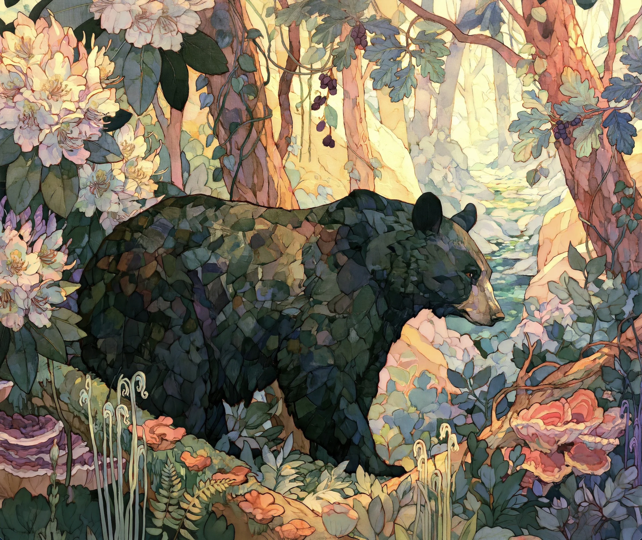 Full Black Bear Forest artwork with a black bear among rhododendron, ferns, moss and fungi