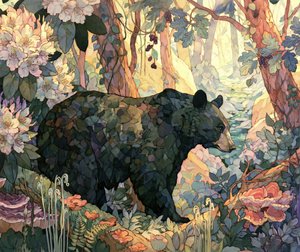 The bear surrounded by woodland plants in Black Bear Forest.