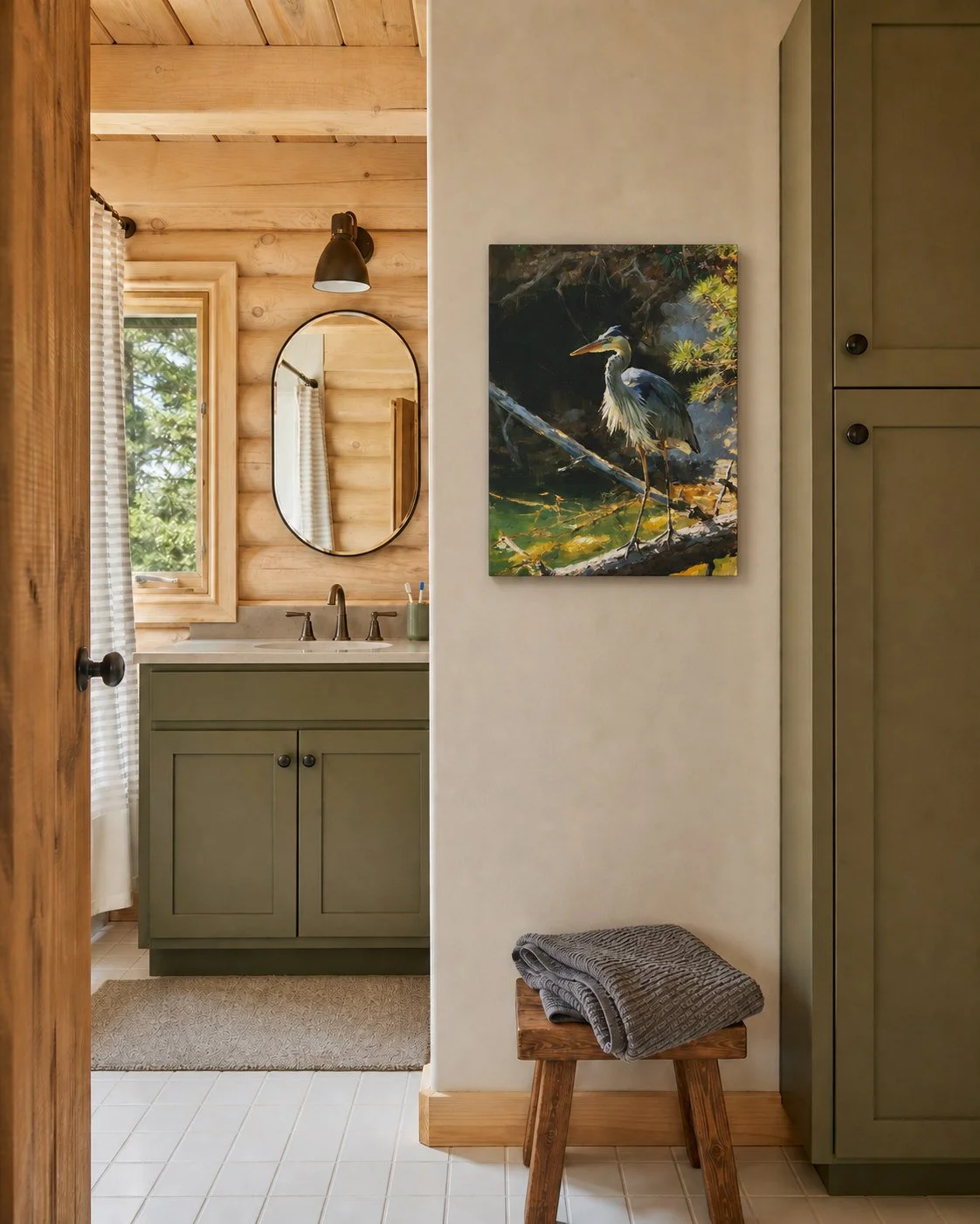 Great Blue Heron on Lake Keowee 18 by 24 inch gallery-wrapped Canvas on a plaster wall in a bright lake bathroom.
