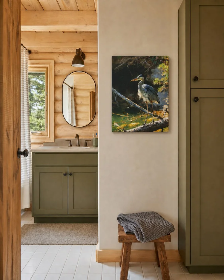 Great Blue Heron on Lake Keowee 18 by 24 inch gallery-wrapped Canvas shown on a plaster wall in a lake bathroom