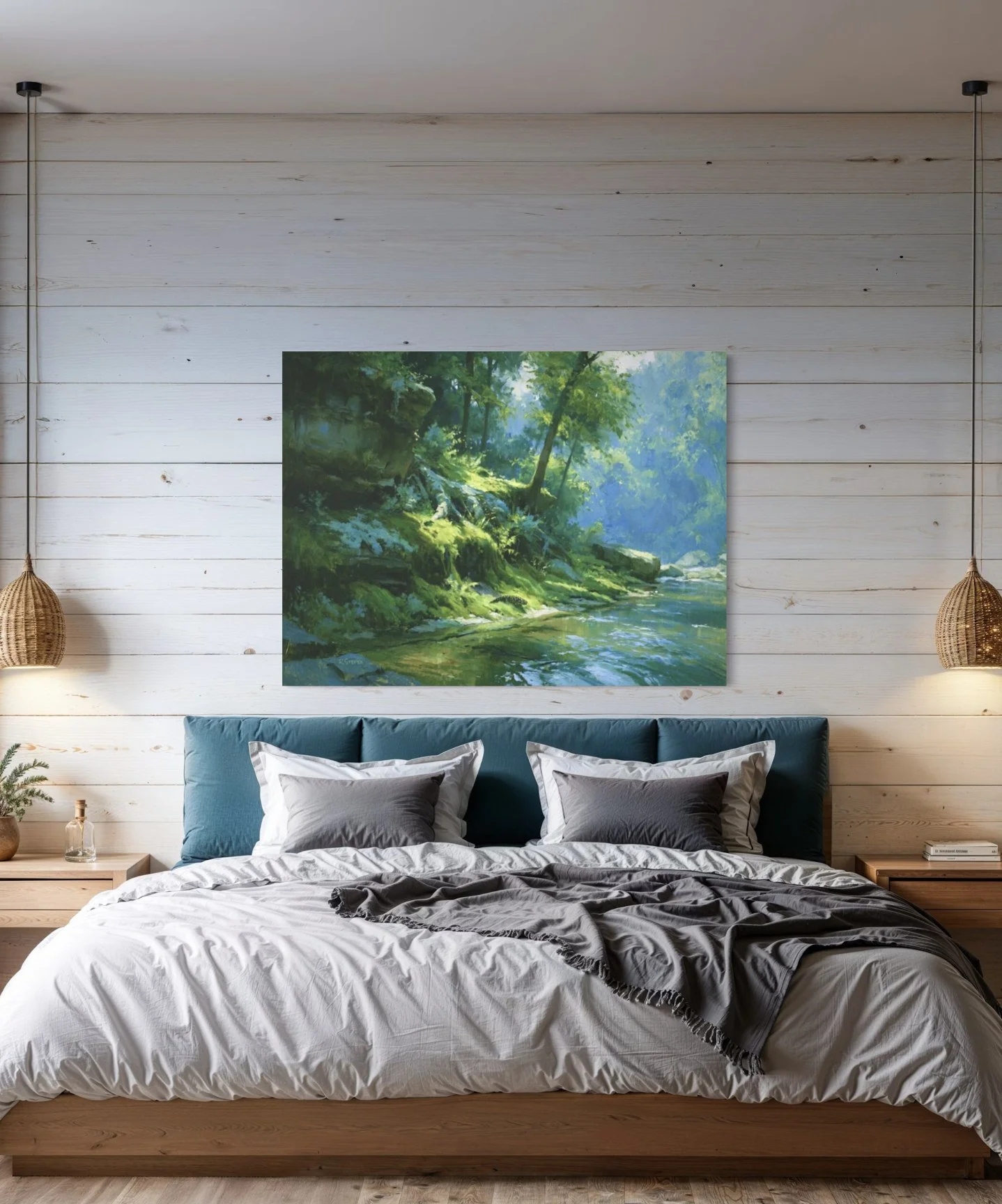 Moss Bank, Soft Underfoot gallery-wrapped Canvas above a blue upholstered bed on a white-plank wall in a bright lake-house guest bedroom