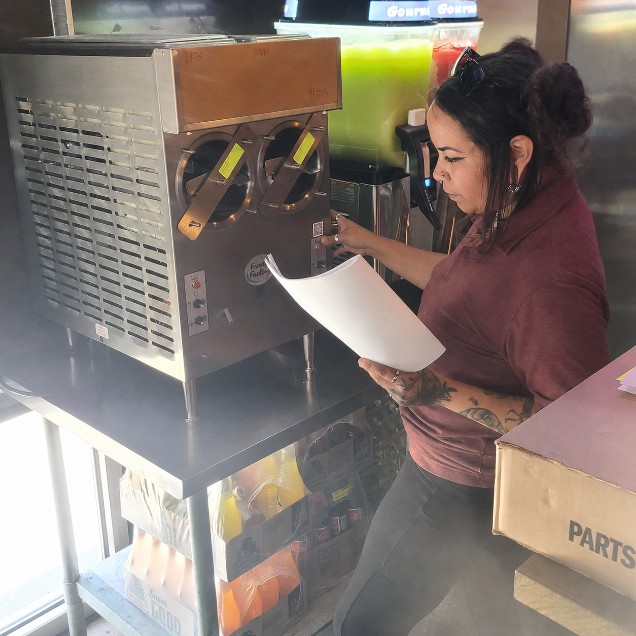 Clover technician inspecting commercial frozen beverage equipment during an on-site service visit.