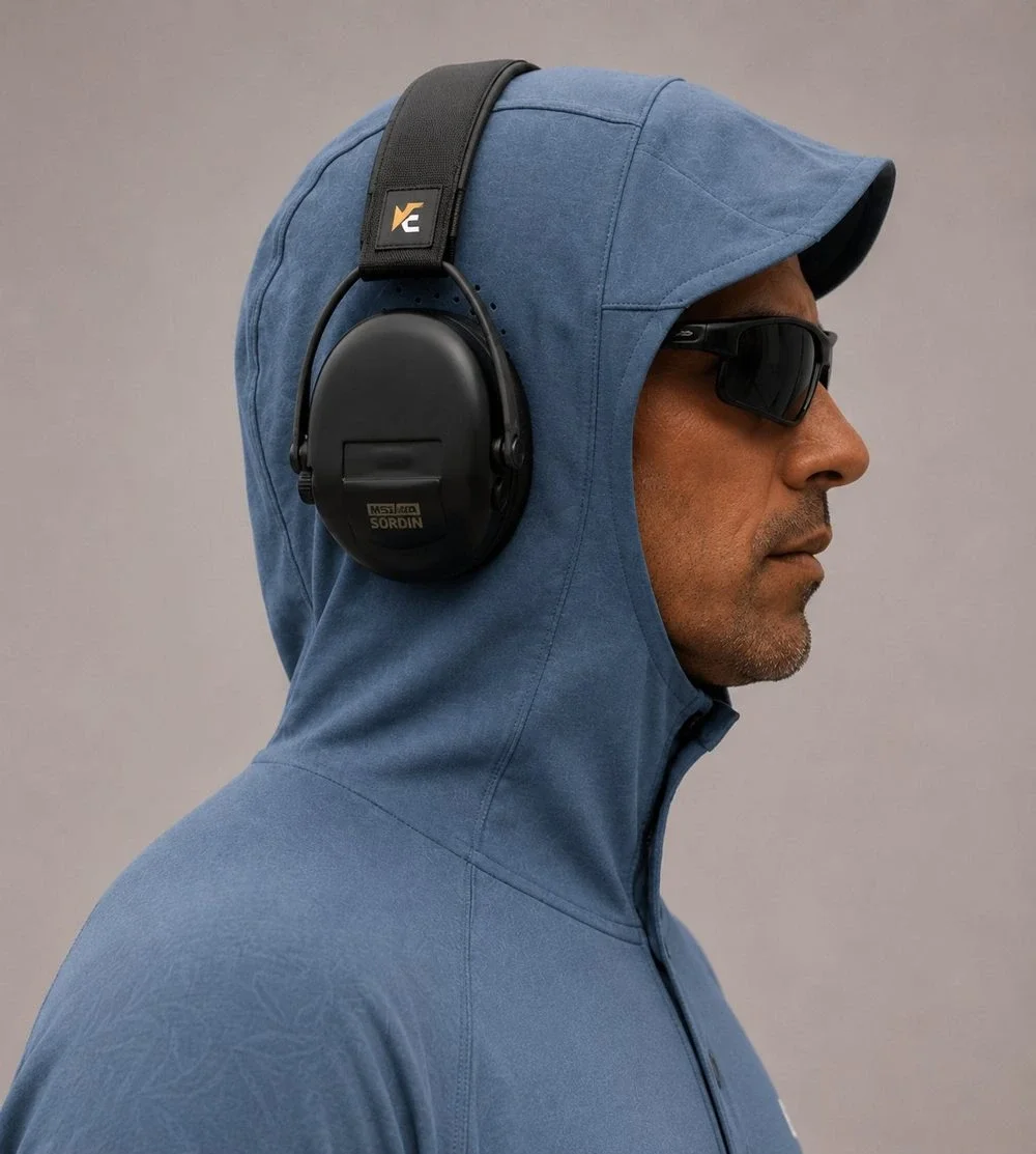 Shooter wearing the ARKE Sun Hoody hood up over electronic ear pro, perforations seated over the muff