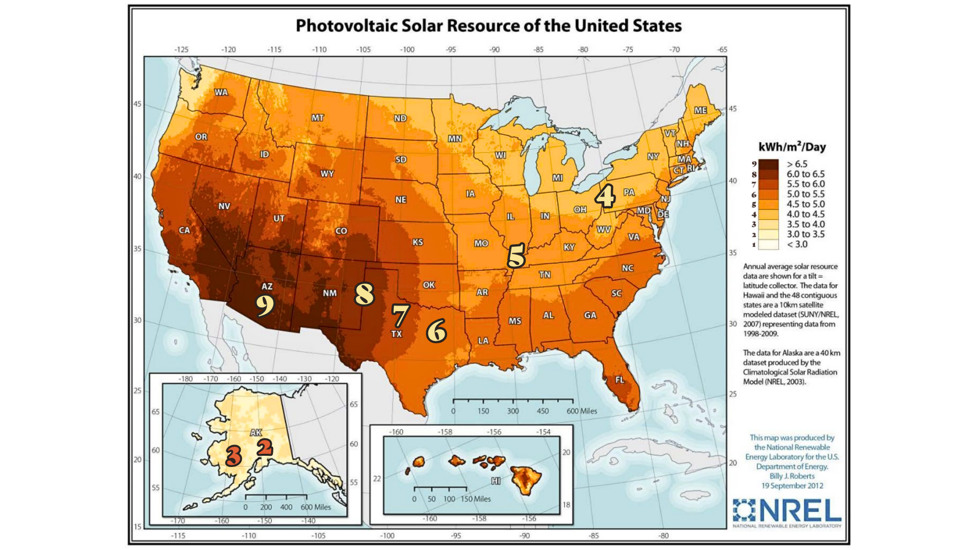 NREL U.S. annual global horizontal solar irradiance map with states, ocean, Canada, Mexico, Alaska, and Hawaii