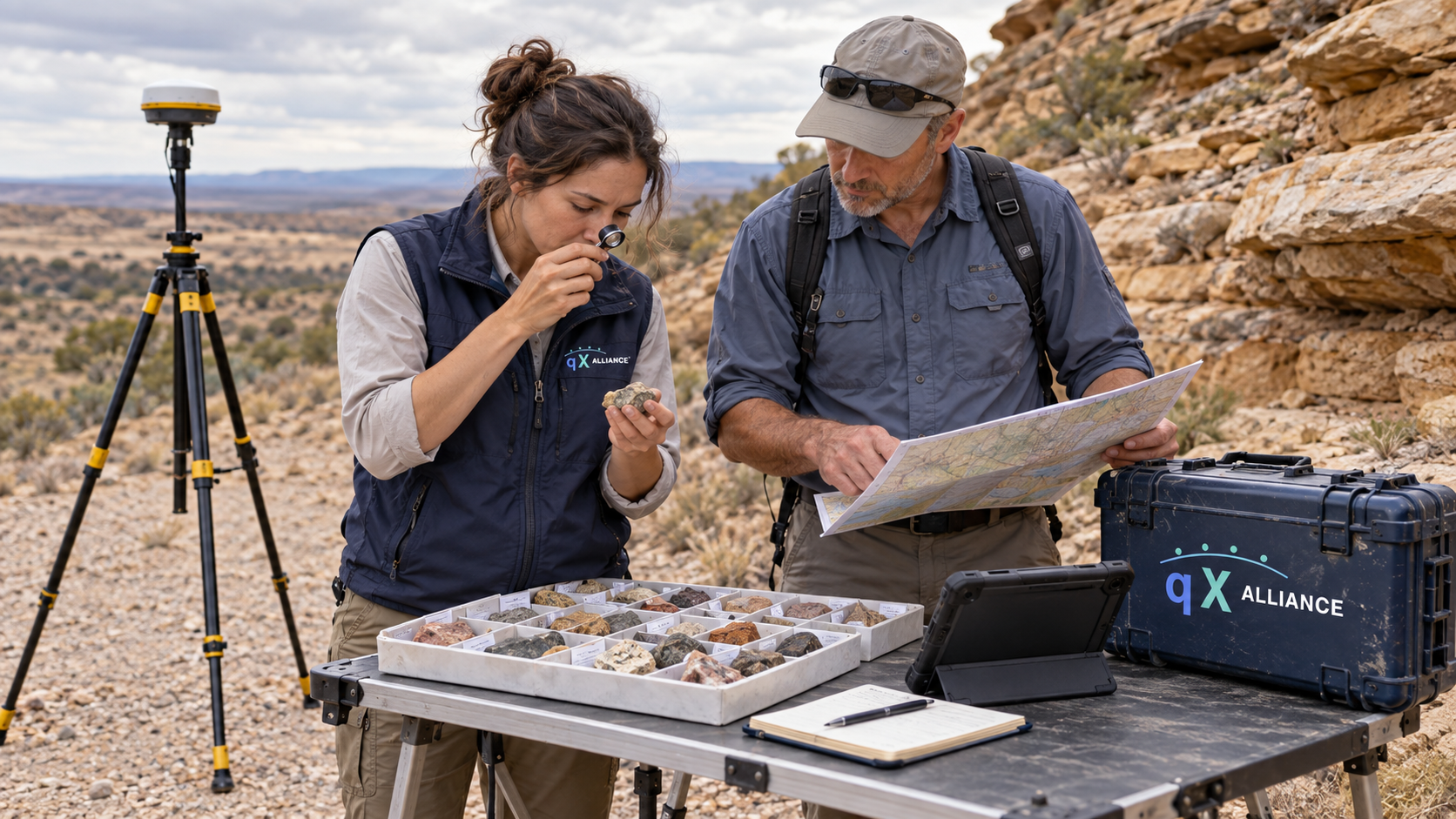 Field specialists examining rock samples and a map beside a sandstone outcrop, with qX Alliance branding on a vest and survey case.