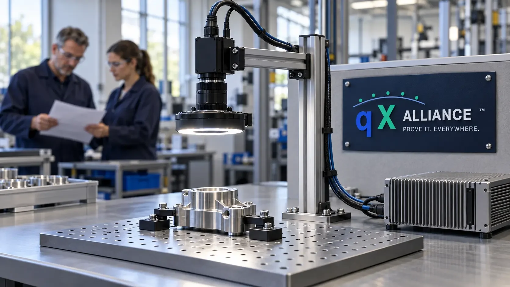 Downward-facing industrial camera and ring light above a clamped metal component, with a computing enclosure and qX Alliance signage.