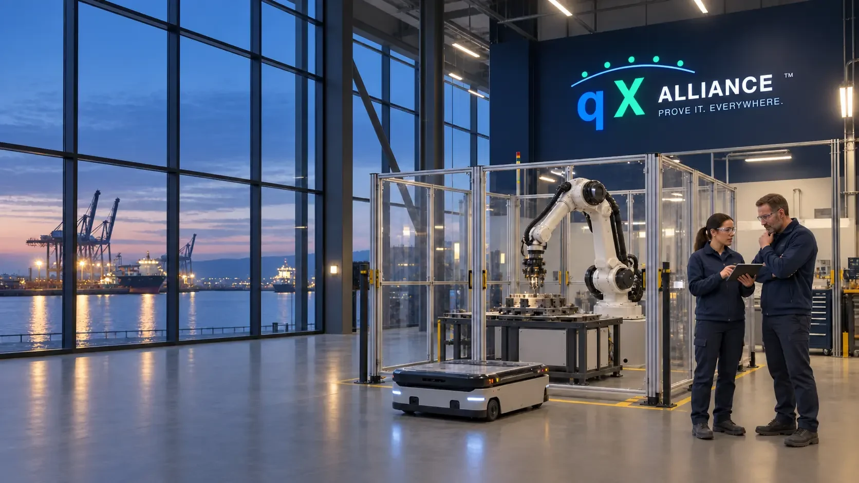 Two engineers beside a guarded robot workstation and mobile platform in an integration hall with qX Alliance wall signage.