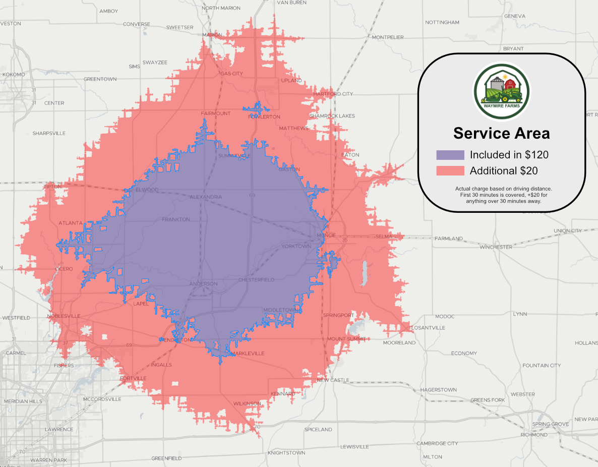 Waymire Farms service area map showing coverage across Madison, Hamilton, and Delaware counties, Indiana