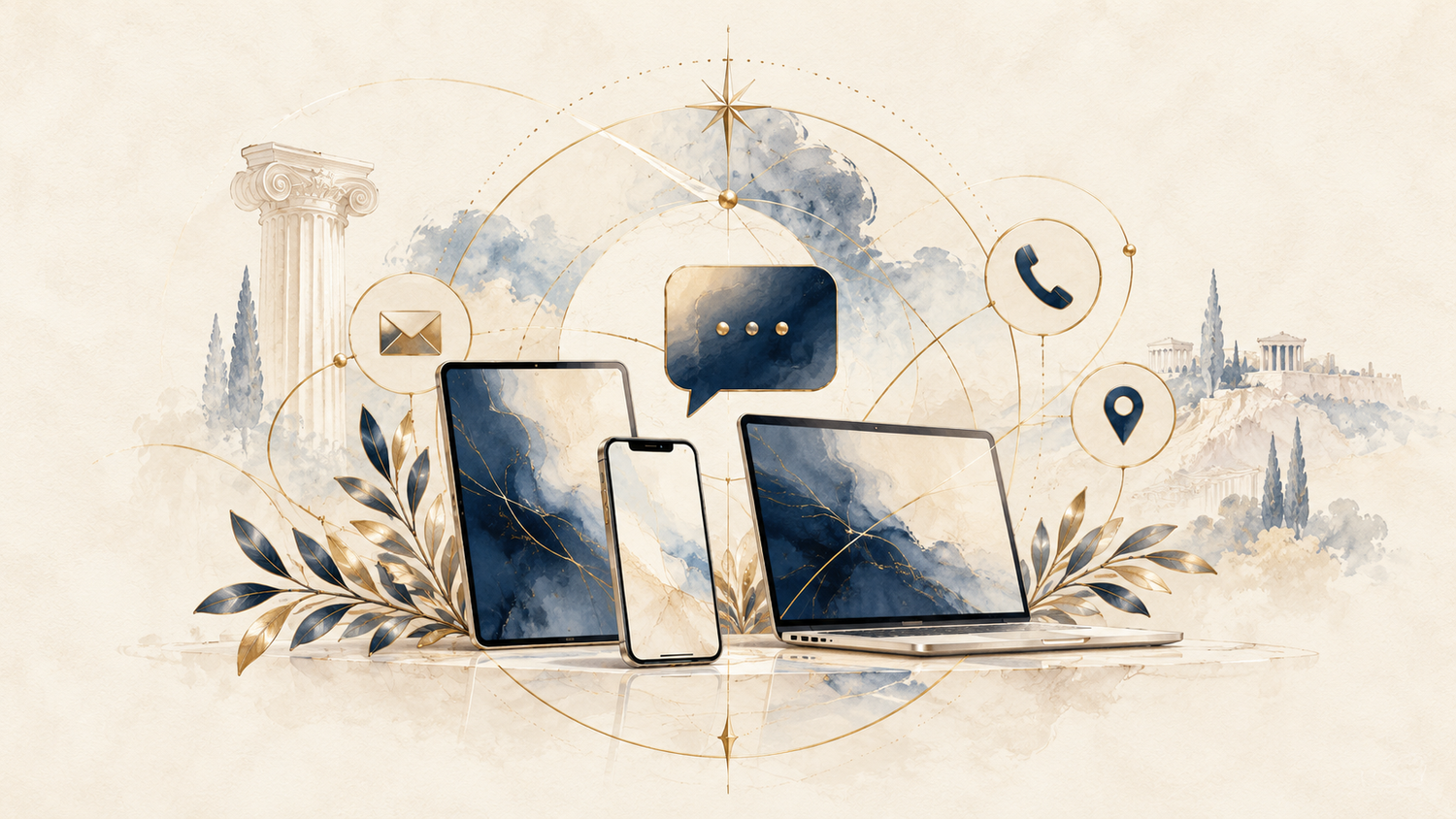 Telemóvel, tablet e portátil com ícones de mensagem, telefone, email e localização
