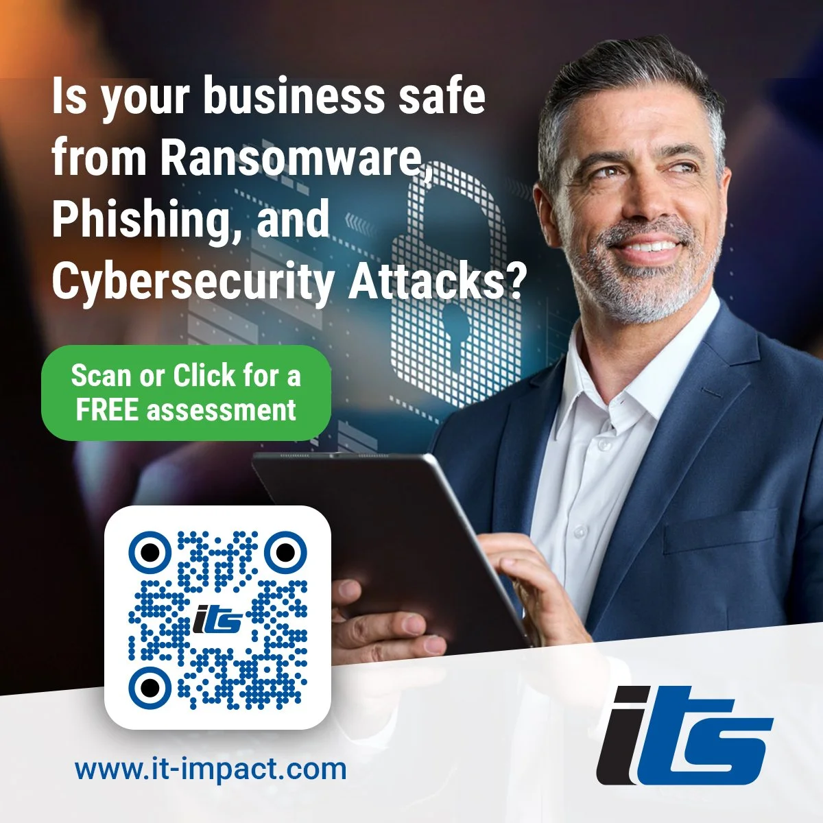 ITS LinkedIn ad with QR code for a free cybersecurity assessment