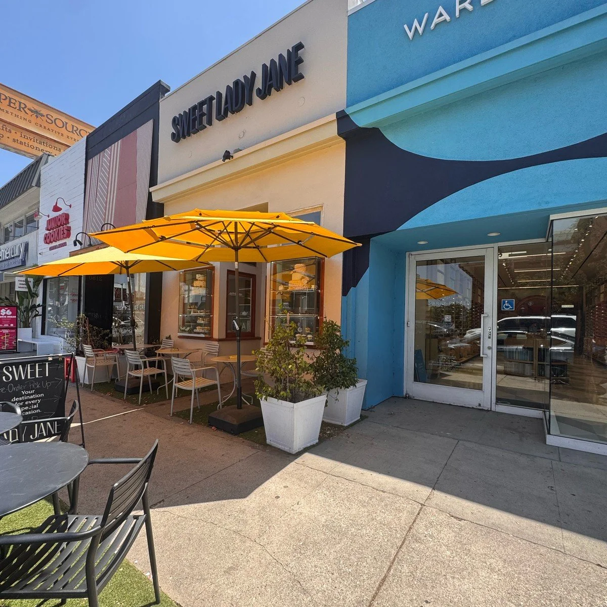 Sweet Lady Jane bakery with yellow umbrellas in Studio City
