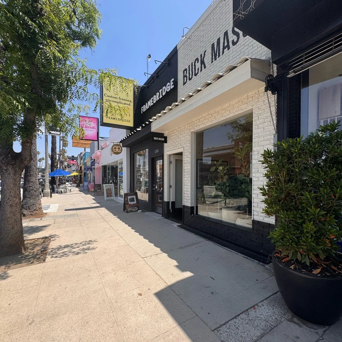 Framebridge and Buck Mason storefronts on a Ventura Boulevard sidewalk in Studio City