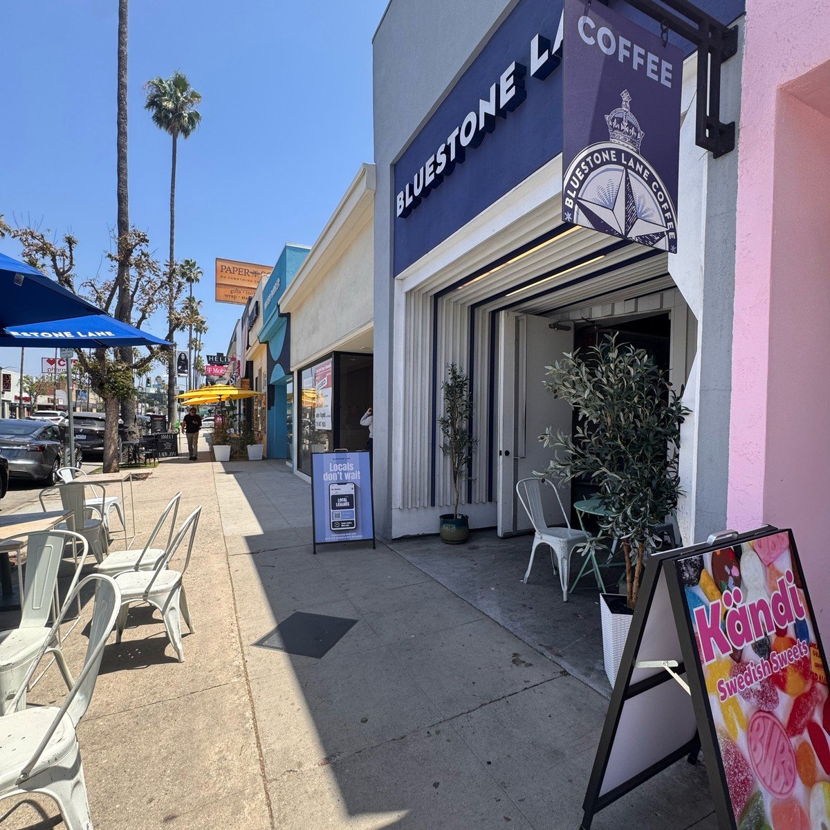 Bluestone Lane coffee shop with sidewalk seating in Studio City