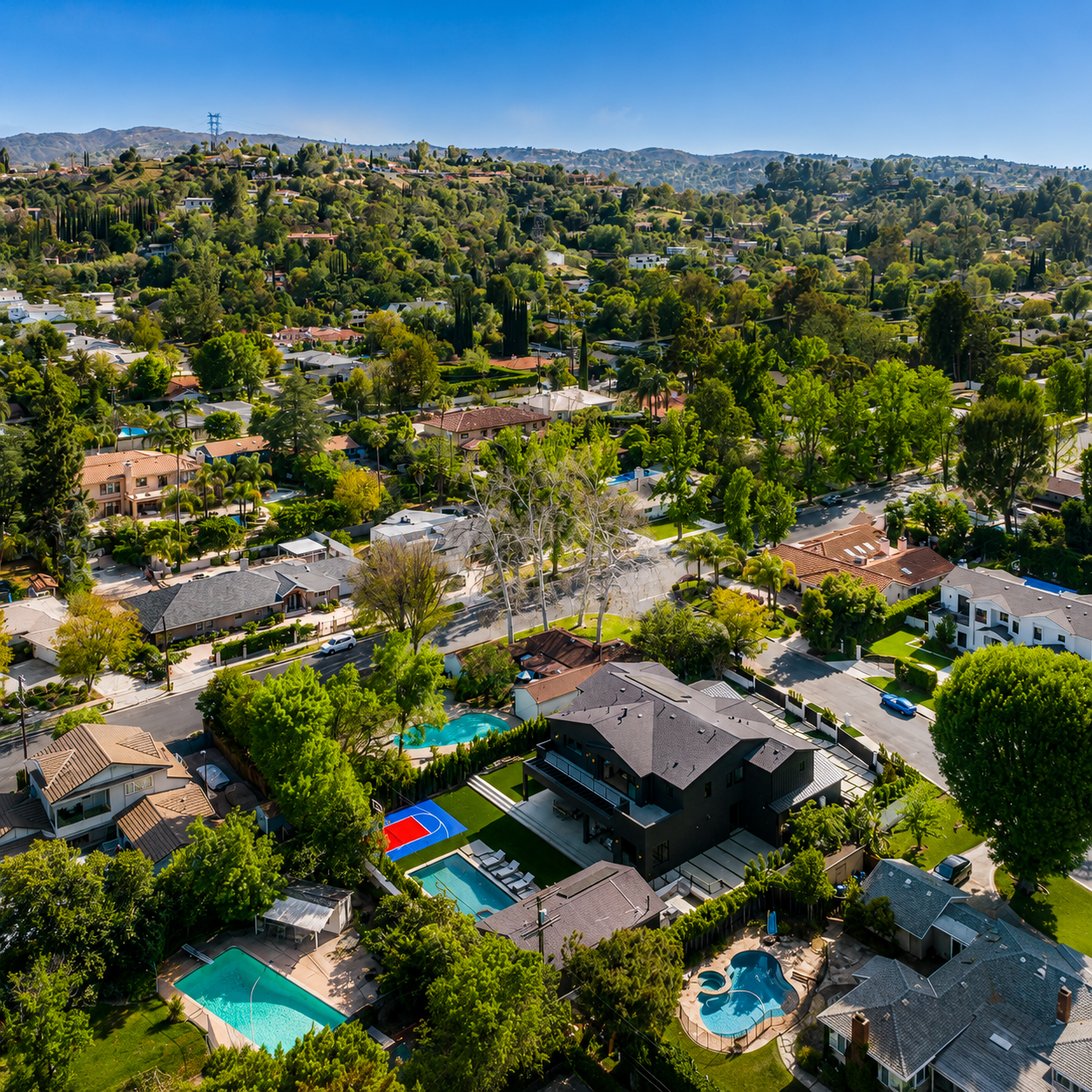 Drone view of Encino neighborhood