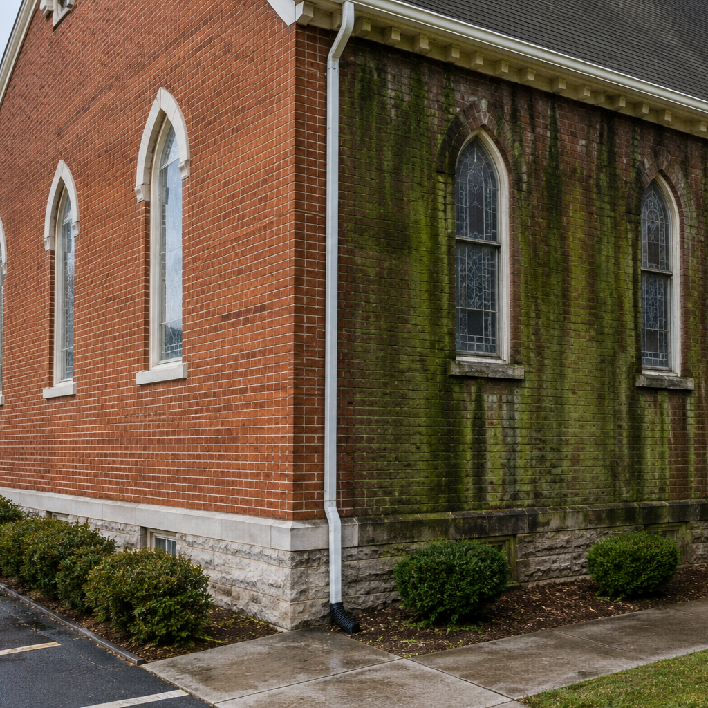 aged brick church north wall green streaks