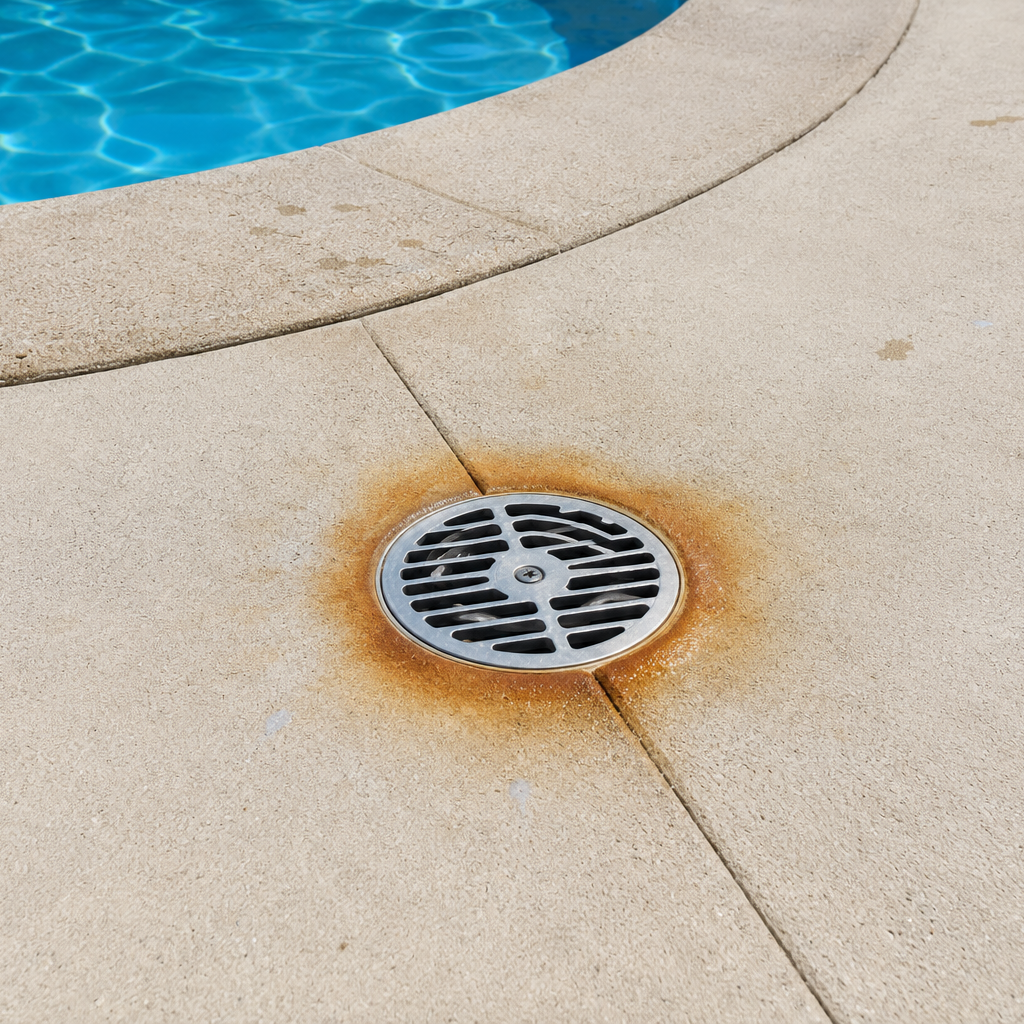 yellow rust ring around concrete pool deck drain
