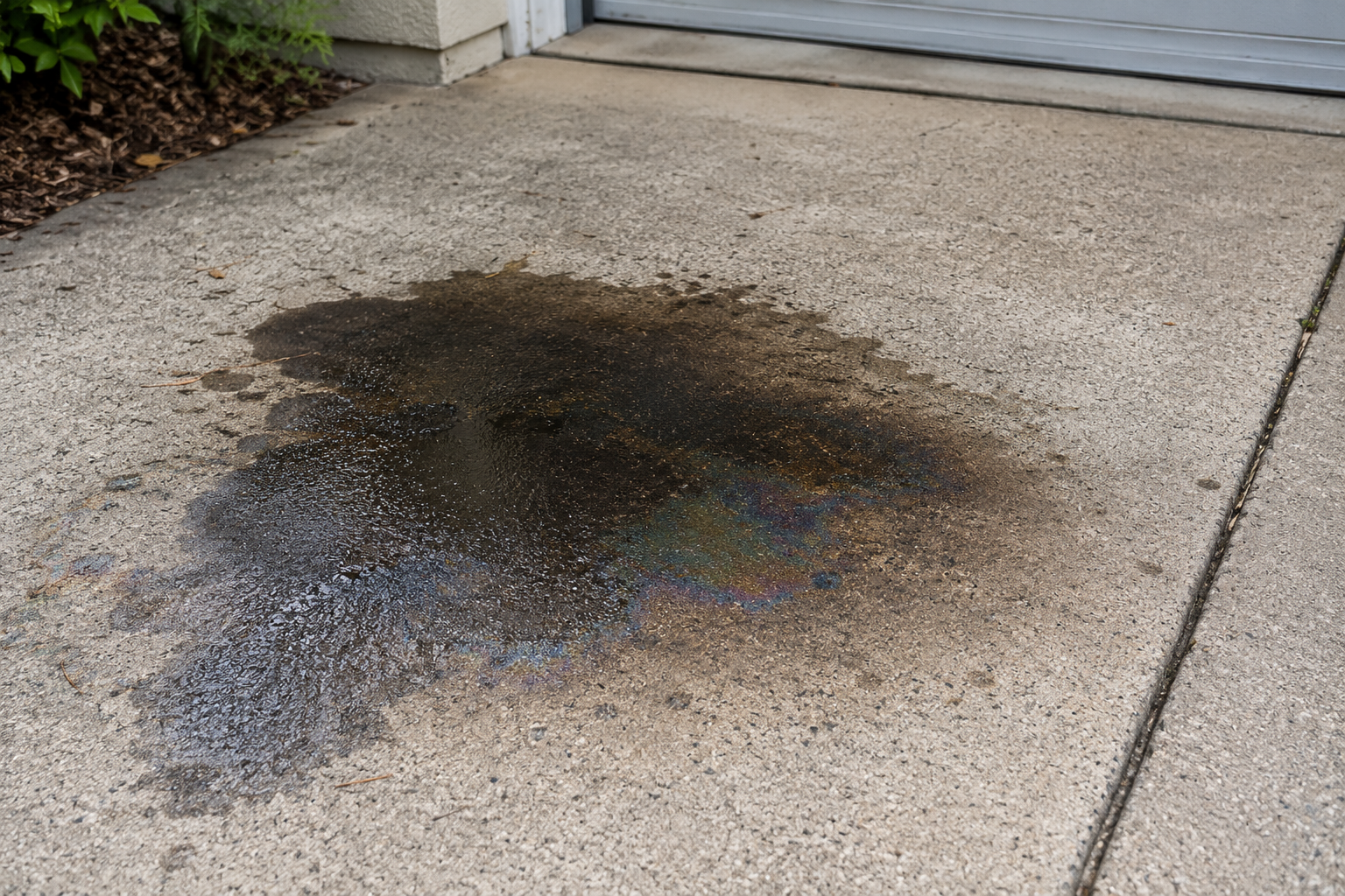 fresh motor oil puddle spreading on concrete driveway surface