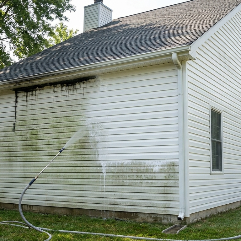 two-story house being soft washed with pressure equipment