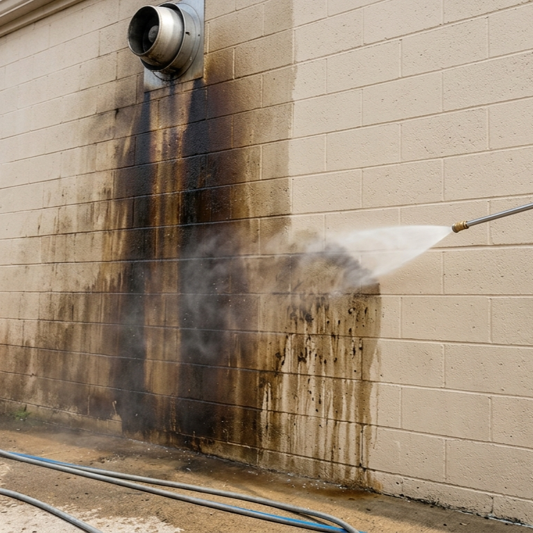 kitchen exhaust vent grease trail down alley brick wall