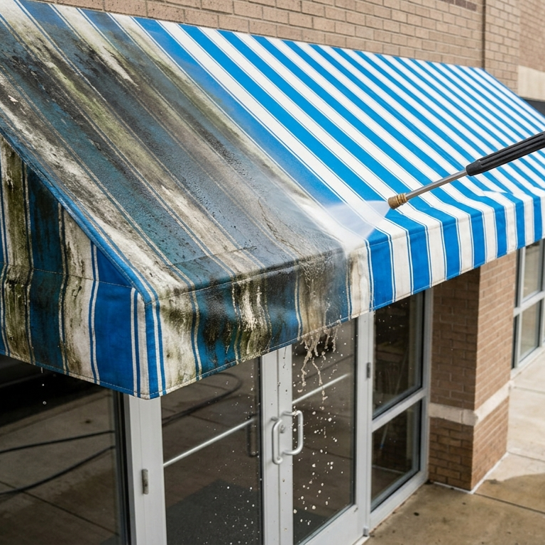 storefront awning with green algae streaks showing quick regrowth