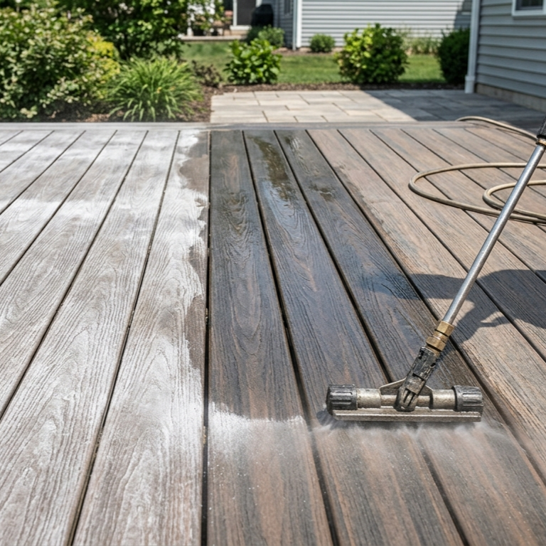 composite deck board surface with chalky white film