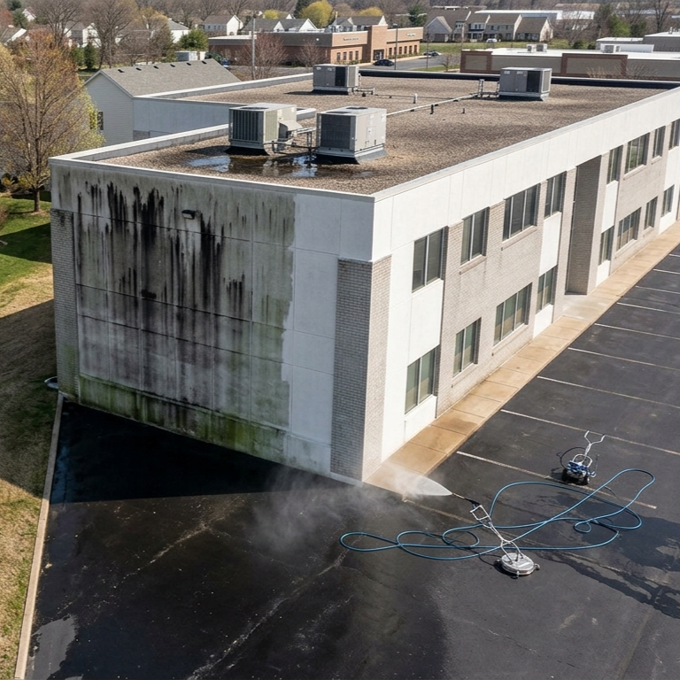 office building wall green algae black streaks
