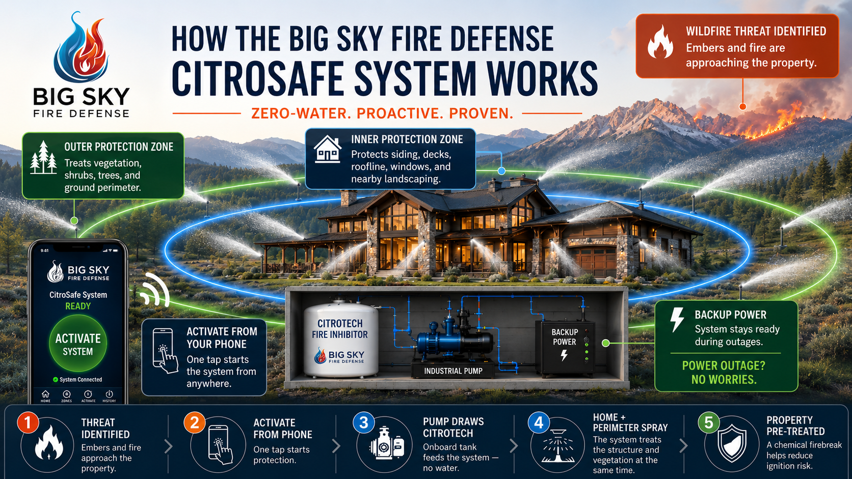 Diagram showing how the Big Sky Fire Defense CitroSafe system uses phone activation, an onboard CitroTech fire inhibitor tank, an industrial pump, backup power, and home and perimeter spray zones to pre-treat a property before wildfire arrives.