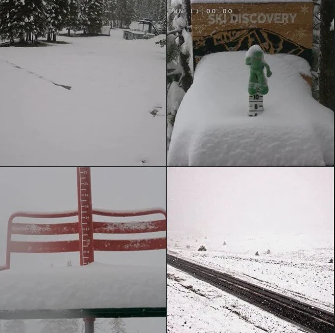Late-June mountain snow on southwest Montana ski-area cameras, including fresh accumulation at Discovery near Georgetown Lake and on high-elevation chairlift snow stakes