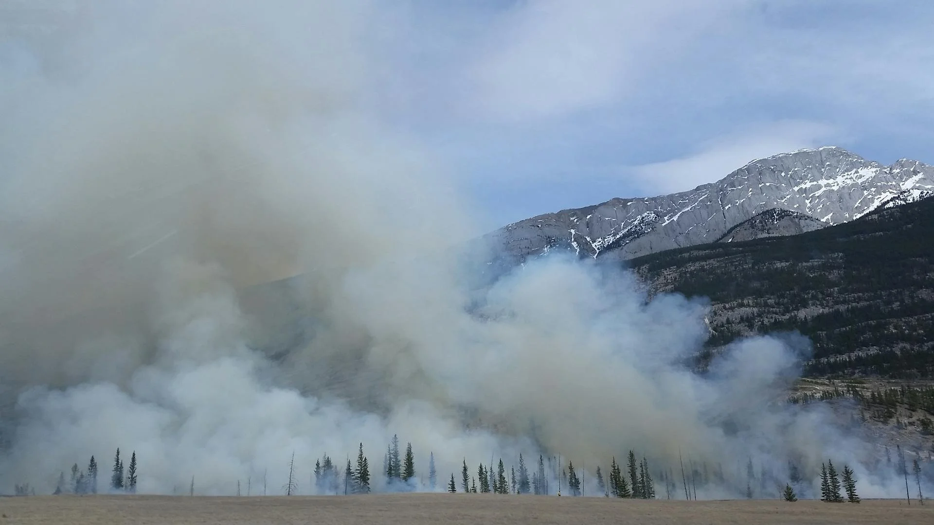 Wildfire smoke rising from a conifer forest against a Rocky Mountain ridgeline — comparing exterior wildfire protection systems for Montana, Wyoming, and Northern Idaho properties.