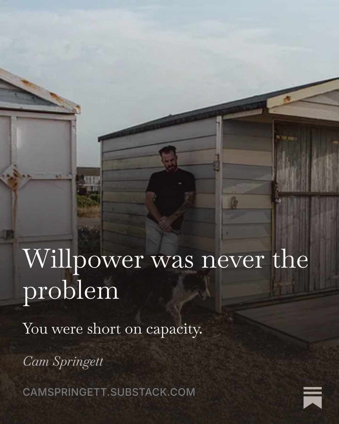 Willpower was never the problem. You were short on capacity. Cam Springett leaning against a beach hut with a dog walking past.