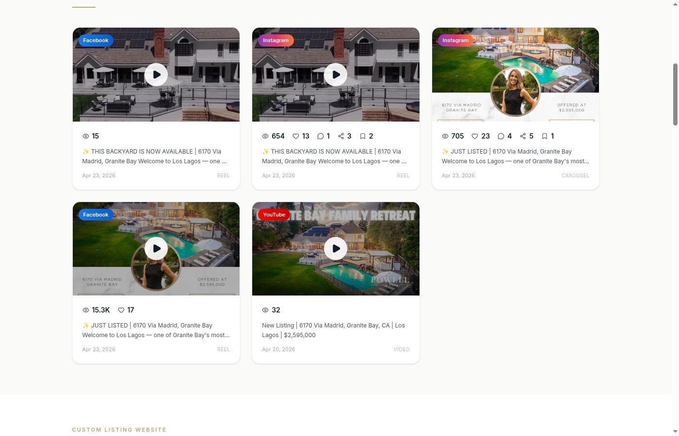 Social media section showing posts across Instagram, Facebook, and YouTube