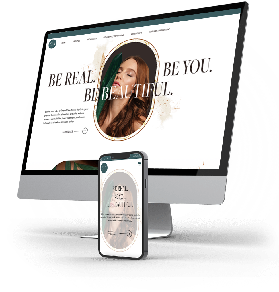 Emerald Aesthetics website by NELM across iMac and phone.