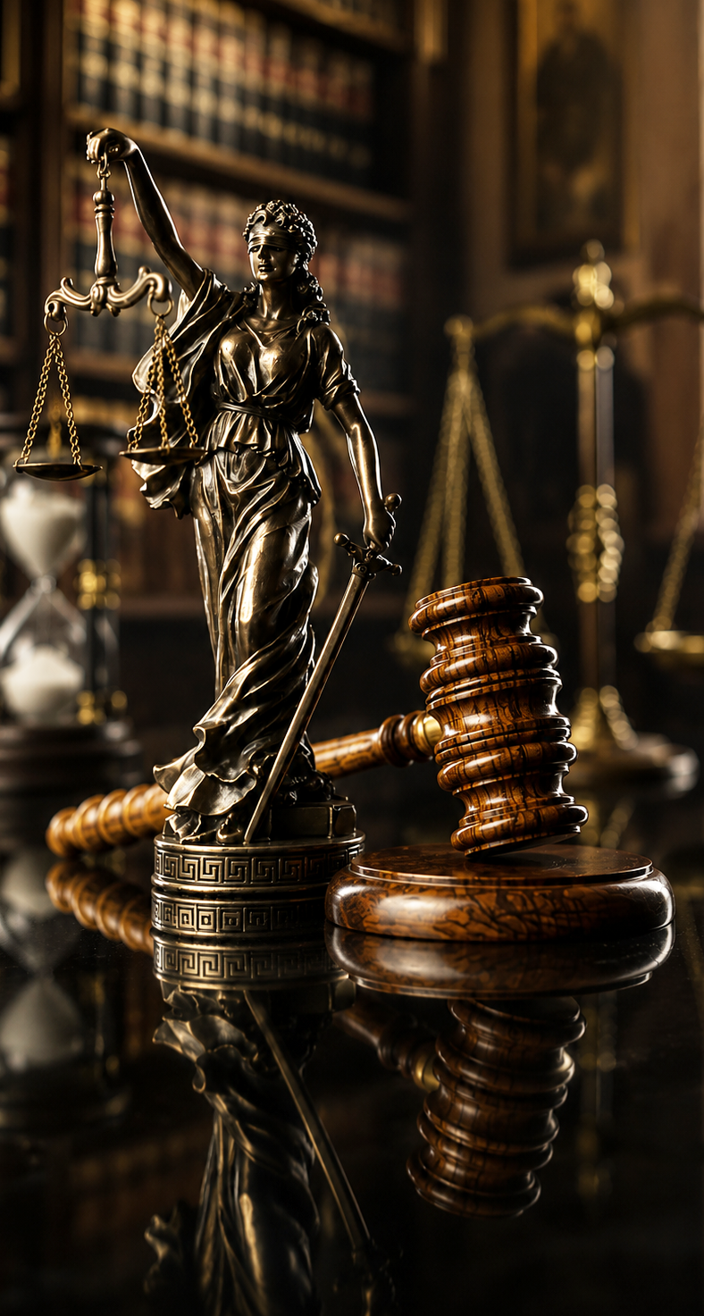Biblioteca jurídica con estatua de la justicia y mazo